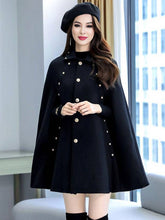 Aurohaya Wool Cape with Studded Details, Shirt Collar, Long Sleeves Elegant Vintage Women's Coat, Black